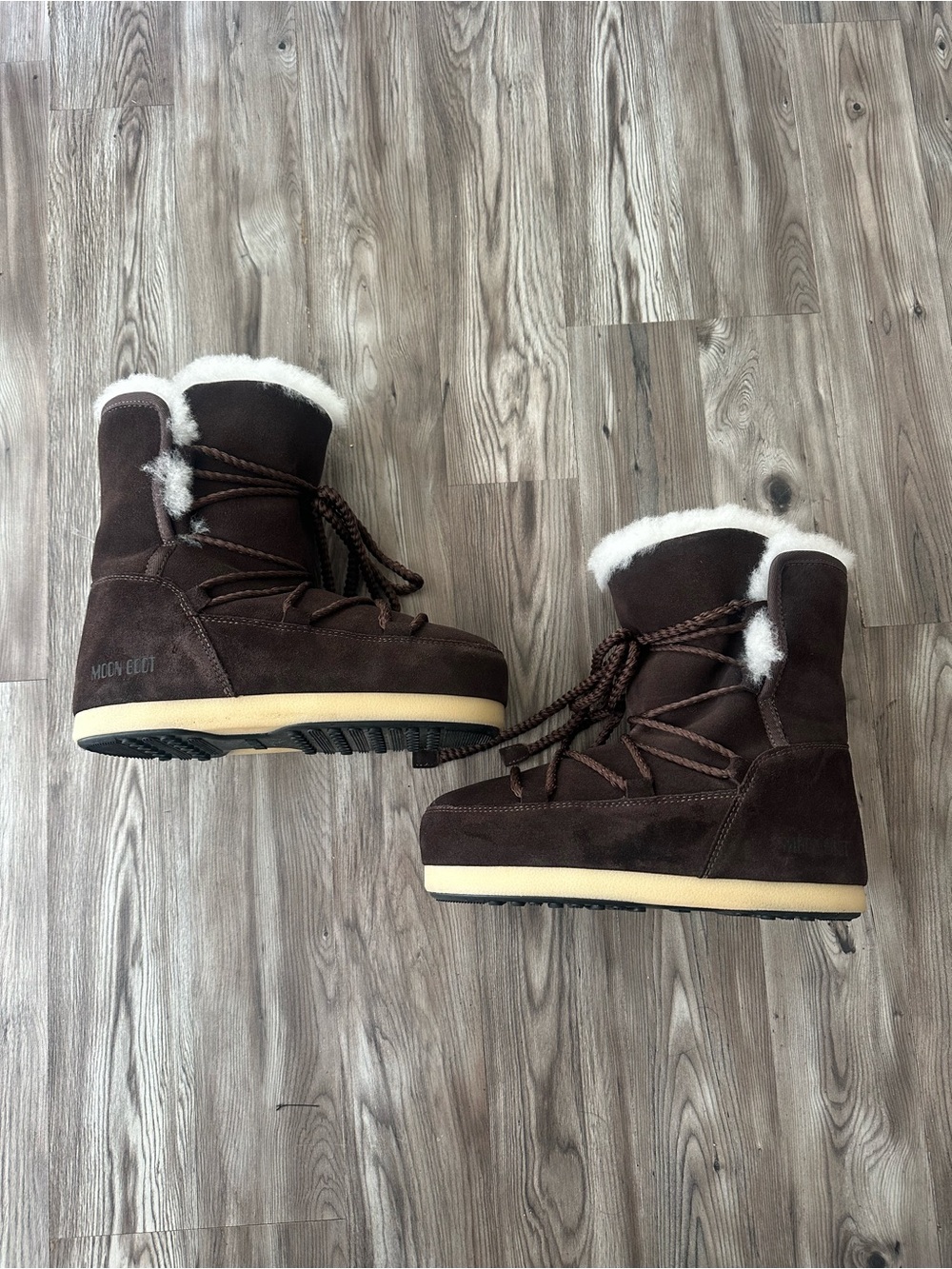Moon Boot Women's Dark Brown Faux-Suede Winter Lace-Up Boots with Cream Trim